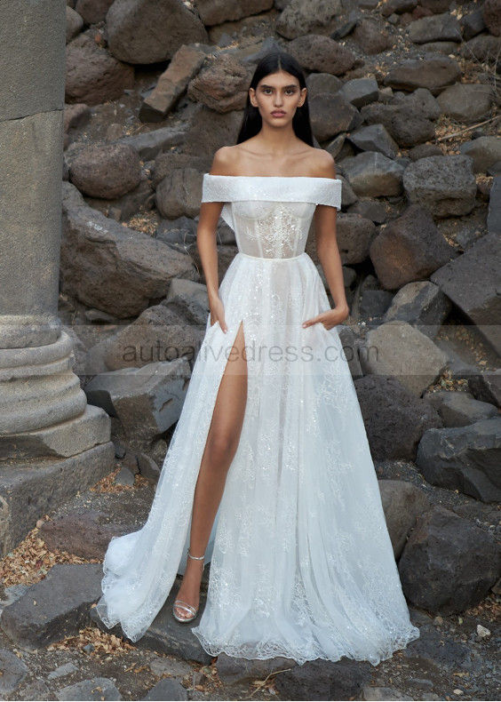 Off Shoulder Ivory Glitter Lace Slit Sexy Wedding Dress Off Shoulder Ivory Glitter Lace Slit Sexy Wedding Dress